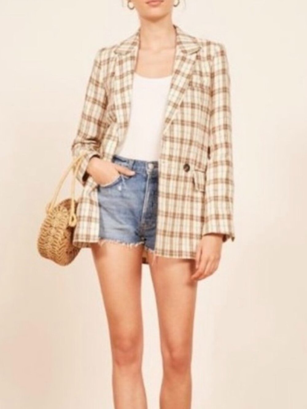 Reformation Verano Cream Plaid Linen Blazer S ASO BLACKPINK Jennie Kim
